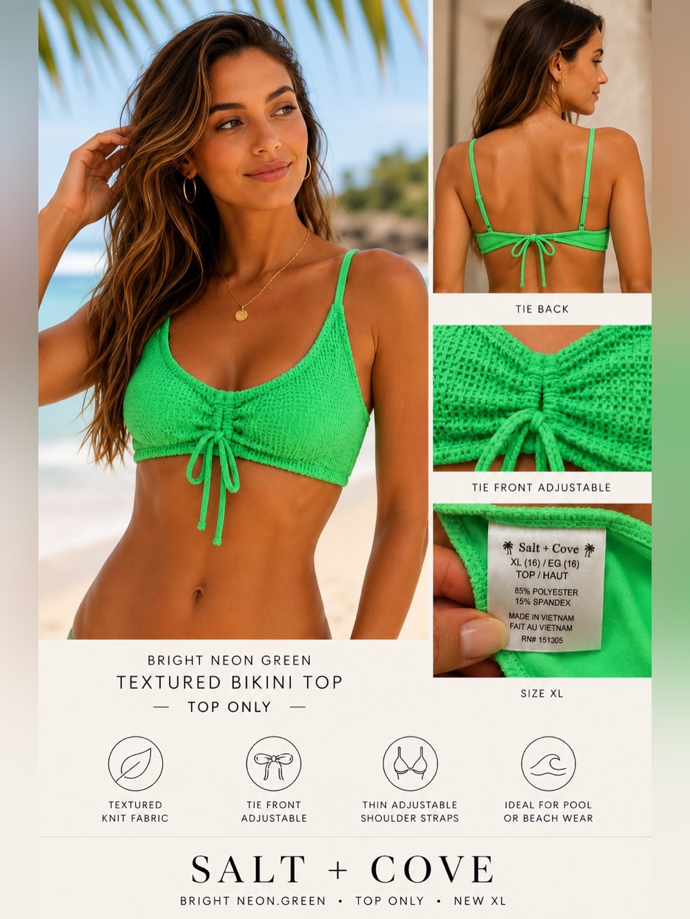 Salt +‎ Cove Bright Neon Green Textured Bikini Top with Tie Back NEW XL